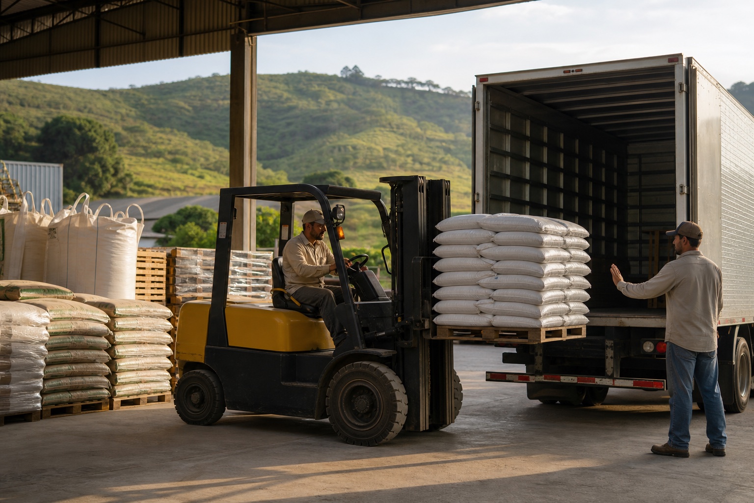 Operação institucional ilustrativa com empilhadeira carregando insumos agrícolas em caminhão