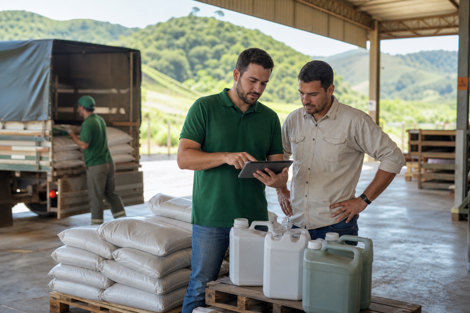 Cena institucional ilustrativa de representante técnico-comercial e gestor de revenda conferindo entrega e estoque